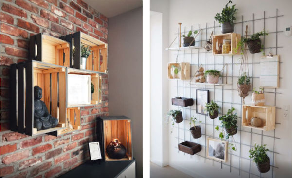 Estateria de pared colgante y  estante de pared realizados con cajas de frutas de madera