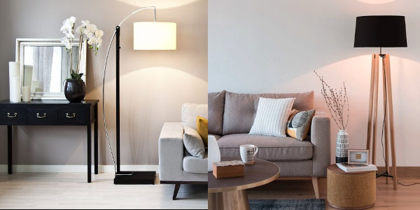 Imagen de una lámpara de pie con diseño elegante resaltando una obra de arte en una galería, creando un punto focal en la habitación.